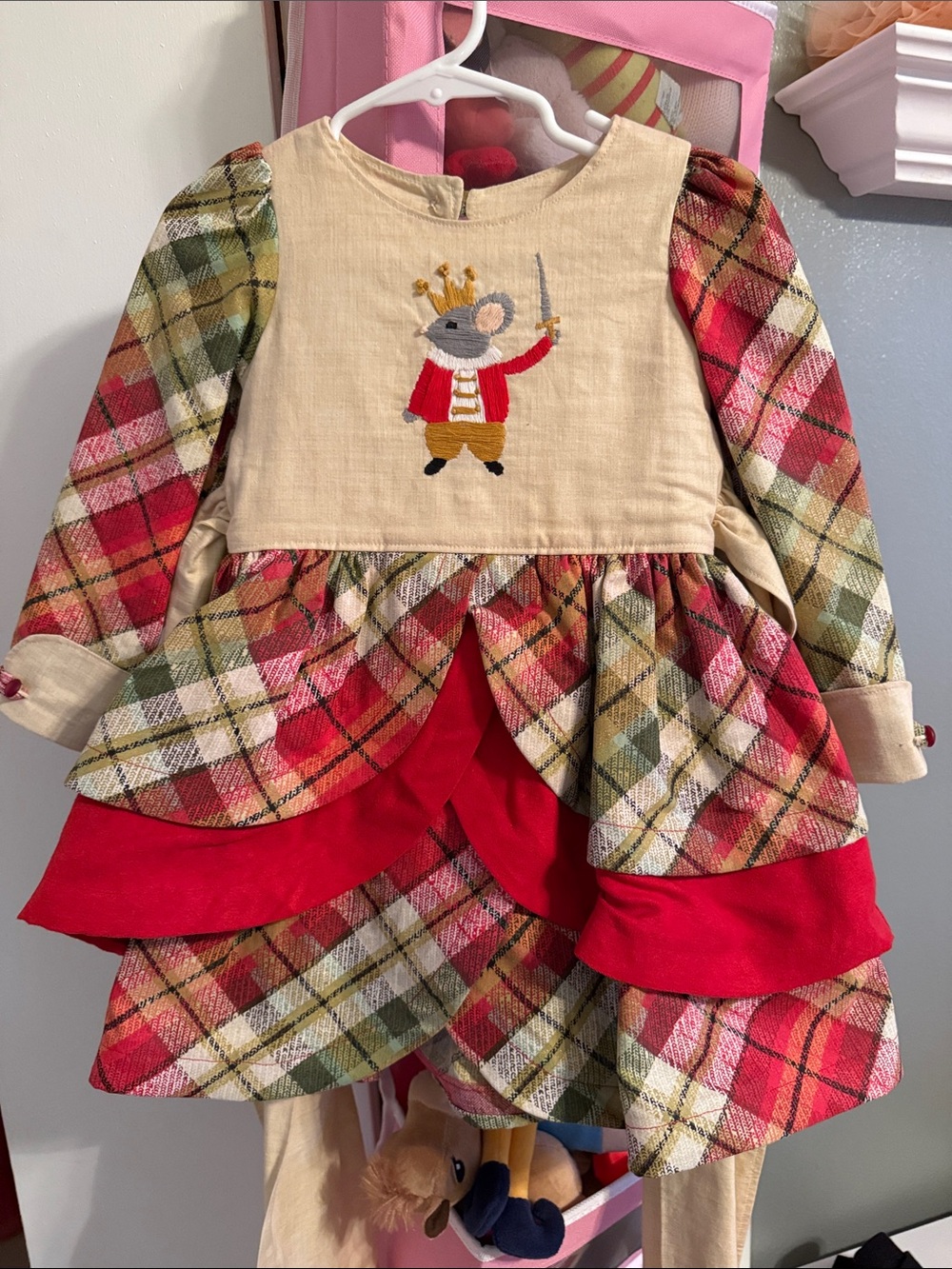 Classic Plaid Nutcracker Mouse Kids Costume Dress in Red and Tan